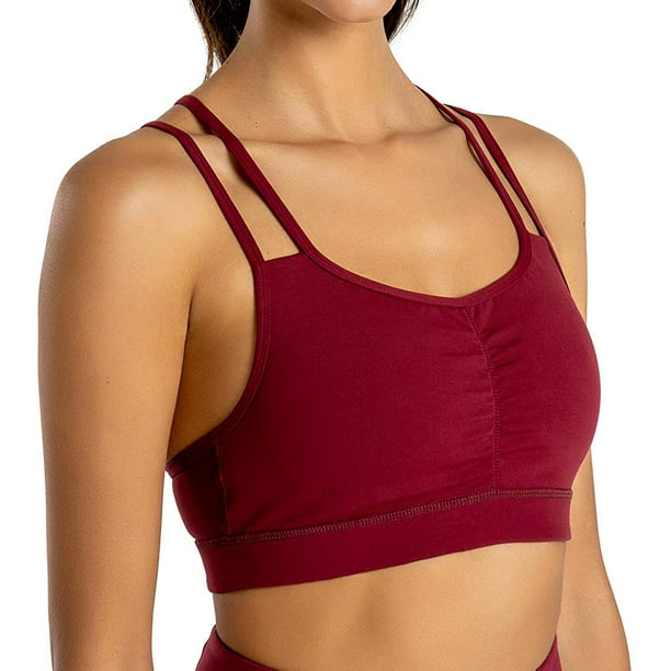 with Removable Pads FIRST WAY Womens Shirred Front Strappy Sports Bras Medium Support Yoga Gym Bra 